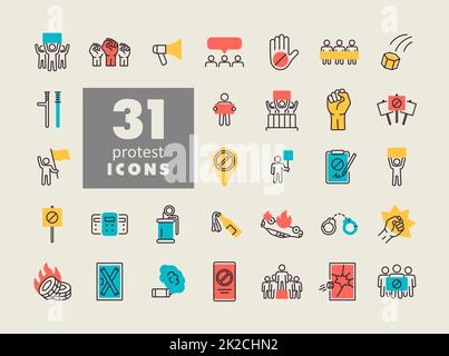 Protest, demonstration, strike, revolution set vector icons. Graph ...