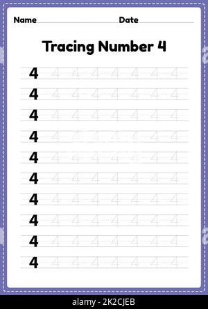 Tracing number 4 worksheet for kindergarten and preschool kids for educational handwriting practice in a printable page. Stock Photo