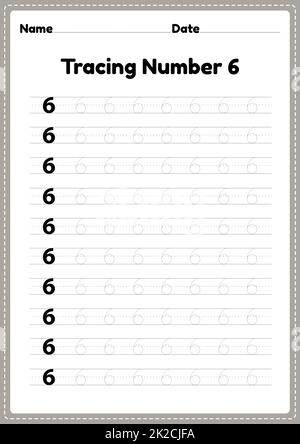 Tracing number 6 worksheet for kindergarten and preschool kids for educational handwriting practice in a printable page. Stock Photo