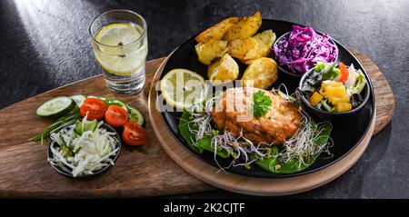 Pulled chicken cutlet coated with breadcrumbs Stock Photo