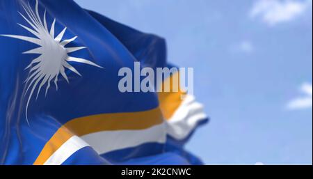 Detail of the national flag of Marshall Islands waving in the wind on a clear day Stock Photo