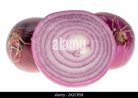 Group of whole and half vegetables of red onion isolated on white background, close up Stock Photo