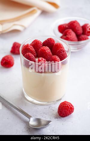 Homemade sweet panna cotta with organic raspberries Stock Photo