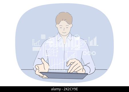 Businessman work on tablet with financial graphs Stock Photo