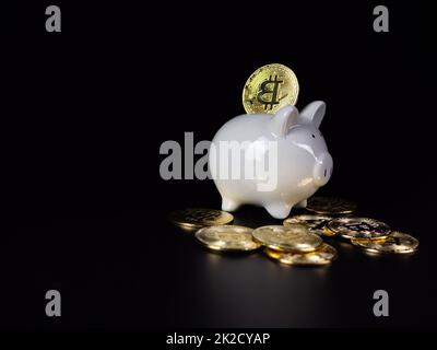 Bitcoin coins are on the back of a white piggy bank. on a black background Stock Photo