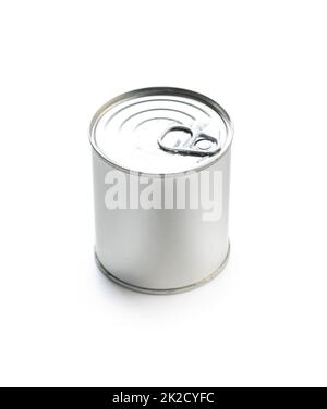 Closed tin can isolated on white background. Stock Photo