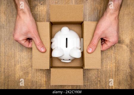 Piggy bank in open box made from corrugated cardboard Stock Photo