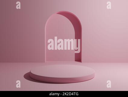 Monochrome light, pastel pink podium for product advertising and marketing. Minimal 3D studio composition with geometric shapes and round stand Stock Photo