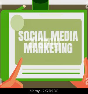 Text showing inspiration Social Media Marketing. Concept meaning use of Website and Network to promote Product Service Illustration Of A Hand Using Big Tablet Searching Plans For New Amazing Ideas Stock Photo