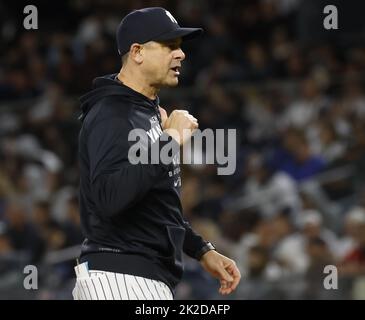 New York City, United States. 22nd Sep, 2022. New York Yankees manager Aaron Boone gestures for pitcher Lou Trevino to replace Aroldis Chapman in the 8th inning against the Boston Red Sox at Yankee Stadium in New York City on Thursday, September 22, 2022. Photo by John Angelillo/UPI Credit: UPI/Alamy Live News Stock Photo