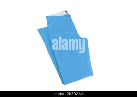 Womens trousers isolated. Close-up of a fashionable pair of blue casual or jersey trousers for the modern woman isolated on a white background. Stock Photo