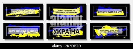 set of posters with a motivational phrase in support of Ukraine. Translation from Ukrainian: Pray for Ukraine, glory to the heroes. The concept is no war. Horizontal banner with the colors of the flag. Stock Photo