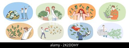 Set of happy people get money from successful investment Stock Photo