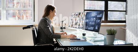 Online Virtual Learning Conference. Working On Multiple Screens Stock Photo