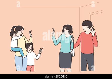 Happy parents leave small kids with nanny Stock Photo