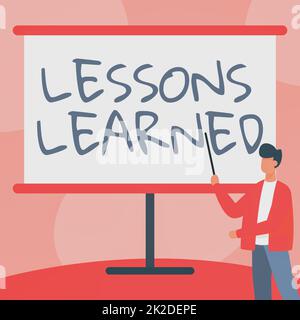 Conceptual caption Lessons Learned. Word Written on Promote share and use knowledge derived from experience Teacher In Jacket Drawing Standing Pointing Stick At Whiteboard. Stock Photo