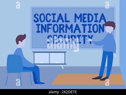 Text sign showing Social Media Information Security. Concept meaning careful in using multimedia services Teacher And Student Drawing Having Class Privately Inside A Classroom. Stock Photo