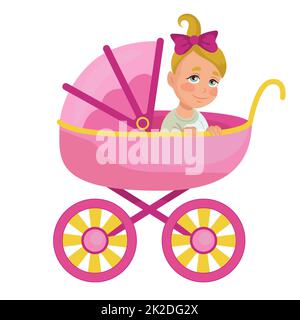 Baby girl in a pink stroller on a white background - Vector Stock Photo