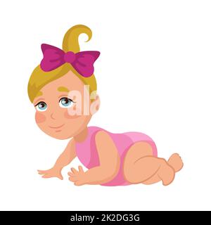 Baby girl learning to crawl, isolate on white background - Vector Stock Photo