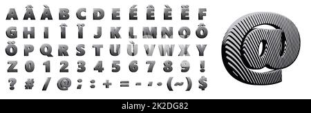 metal letters halftone line art retro comic alphabet vector text uppercase with foreign language accents and symbols Stock Photo