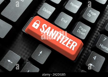 Text showing inspiration Sanitizer. Word for liquid or gel generally used to decrease infectious agents Abstract Creating Safe Internet Experience, Preventing Digital Virus Spread Stock Photo