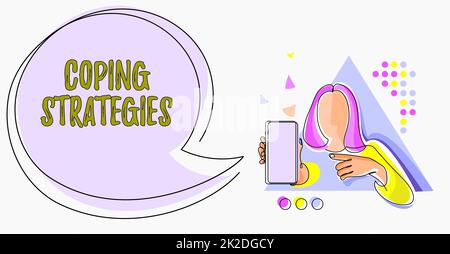 Text sign showing Coping Strategies. Word for general plan or set of plans intended to achieve something Line Drawing For Lady Holding Phone Presenting New Ideas With Speech Bubble. Stock Photo