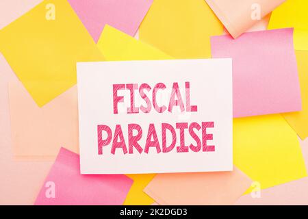 Writing displaying text Fiscal Paradise. Business showcase The waste of public money is a great concern topic Multiple Assorted Collection Office Stationery Photo Placed Over Table Stock Photo