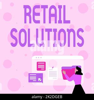 Writing displaying text Retail Solutions. Business overview process of promoting greater sale and customer satisfaction Woman Arranging Browser History, Editing Organizing Online Files Stock Photo