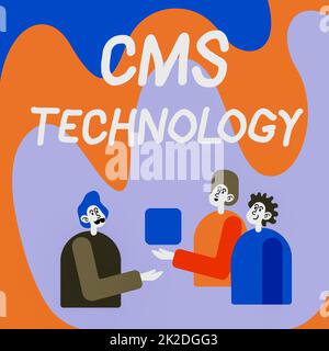 Conceptual caption Cms Technology. Conceptual photo programs that are used to create and manage digital content Colleagues Displaying Cube Representing Teamwork Discussing Future Project. Stock Photo