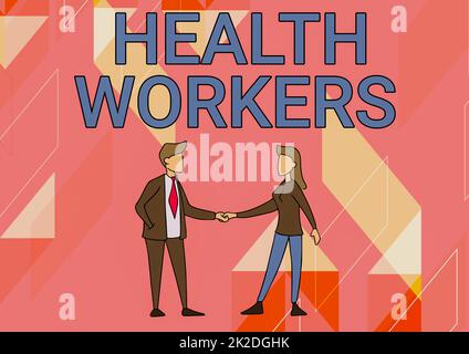 Conceptual caption Health Workers. Internet Concept showing whose job to protect the health of their communities Man And Woman Standing Facing Towards Each Other Holding Hands. Stock Photo