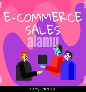 Writing displaying text E Commerce Sales. Word Written on activity of buying or selling of products on online service Colleagues Displaying Cube Representing Teamwork Discussing Future Project. Stock Photo