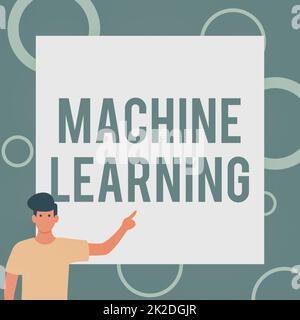 Conceptual caption Machine Learning. Business overview give computers the ability to be taught with data Gentleman Drawing Standing Pointing Finger In Blank Whiteboard. Stock Photo