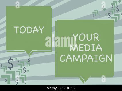 Text sign showing Your Media Campaign. Business showcase Your Media Campaign Two Colorful Overlapping Speech Bubble Drawing With Dollar Sign. Stock Photo