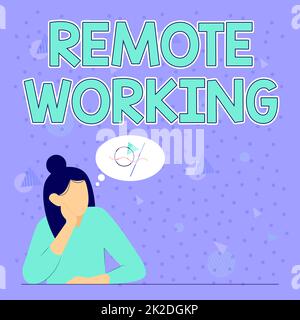 Text caption presenting Remote Working. Internet Concept situation in which an employee works mainly from home Illustration Of Lady Thinking Deeply Alone For New Amazing Tactical Ideas. Stock Photo