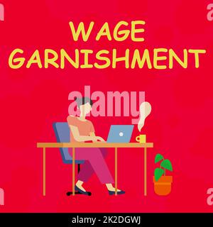 Hand writing sign Wage Garnishment. Internet Concept Wage Garnishment Woman Sitting With Laptop Back View Actively Accomplishing Work From Home Stock Photo