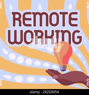 Text showing inspiration Remote Working. Conceptual photo situation in which an employee works mainly from home Lady Hands Holding Lamp With Formal Outfit Presenting New Ideas For Project Stock Photo