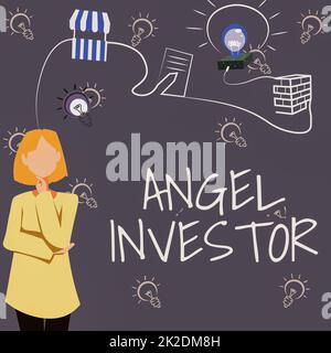 Text caption presenting Angel Investor. Word Written on high net worth individual who provides financial backing Woman Innovative Thinking Leading Ideas Towards Stable Future. Stock Photo