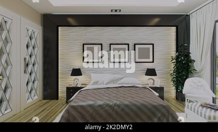 Modern bedroom design with wavy wall and wooden concept 3d rendering Stock Photo