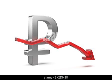 Russian ruble symbol with red arrow pointing down Stock Photo