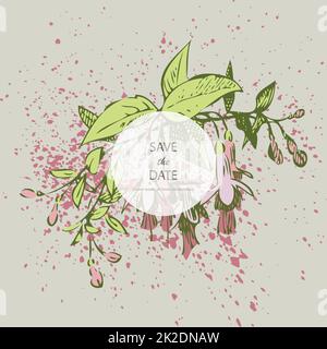 Attractively arranged bunch of flowers. Drawn fuchsia flowers, artistic vector illustration. Floral botanical trendy pattern, graphic design with watercolor splatter. Decorative abstract background Stock Photo