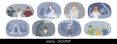 Set of frightened people feel scared suffer from mental problems Stock Photo