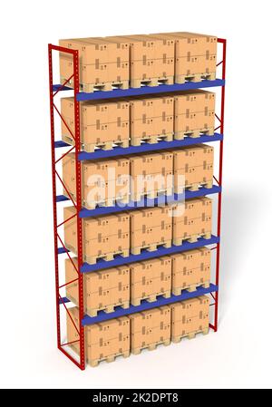 Rack filled with boxes on white background 3D illustration Stock Photo