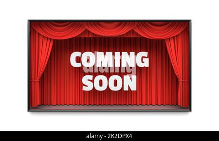 Coming Soon poster with red stage curtains isolated on white background Stock Photo