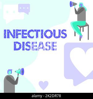 Handwriting text Infectious Disease. Internet Concept caused by pathogenic microorganism, such as viruses, etc Man Standing And Woman Sitting Both Holding Megaphone With Message Symbol. Stock Photo