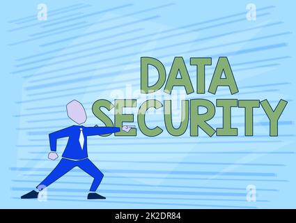 Handwriting text Data Security. Business overview the process of protecting data from unauthorized access Man In Suit Drawing Pointing Forward Showing Leadership. Stock Photo
