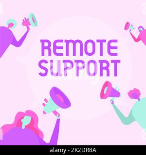 Inspiration showing sign Remote Support. Concept meaning help endusers to solve computer problems and issues remotely People Drawing Holding Their Megaphones Talking With Each Other. Stock Photo