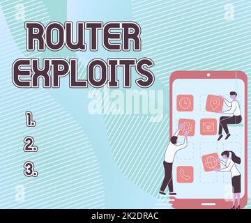 Inspiration showing sign Router Exploits. Concept meaning takes advantage of a security flaw in an application Three Colleagues Carrying S Decorating Mobile Application. Stock Photo