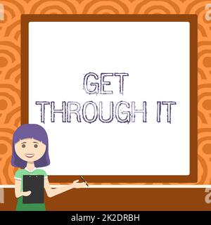 Handwriting text Get Through It. Business concept Overcome the obstacles Challenge Courage Empowerment Lady Drawing Standing Holding Clipboard Presenting New Ideas To Team Stock Photo