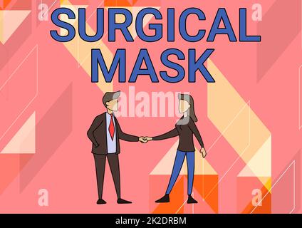 Text sign showing Surgical Mask. Business approach worn by health professionals during surgery and during nursing Man And Woman Standing Facing Towards Each Other Holding Hands. Stock Photo