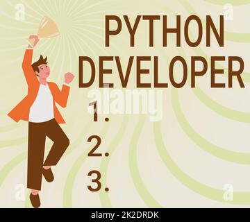 Conceptual caption Python Developer. Business idea responsible for writing serverside web application logic Gentleman Jumping Excitedly Holding Trophy Showing Accomplishments. Stock Photo
